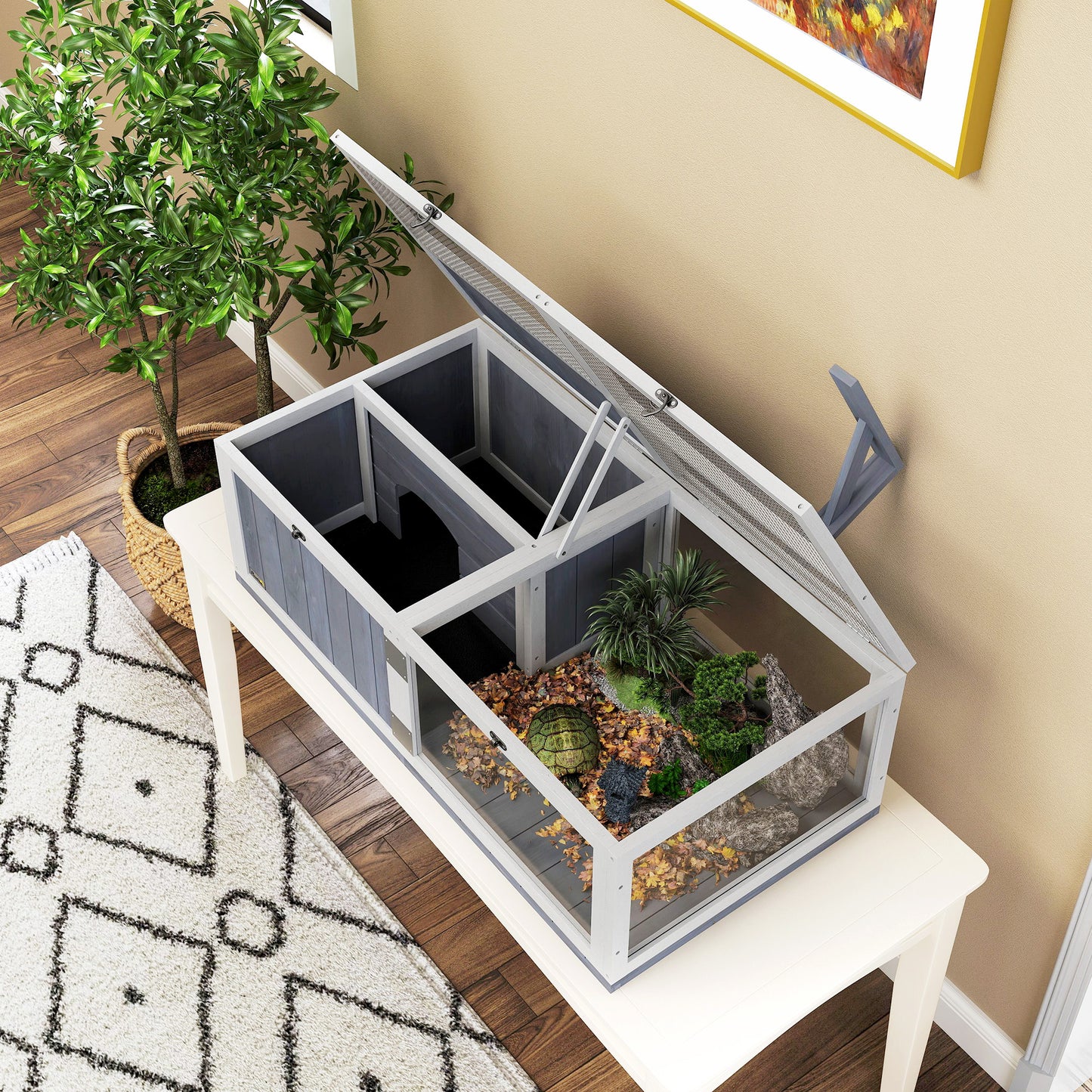 Wooden Tortoise House with Lamp Holder, Clear Windows