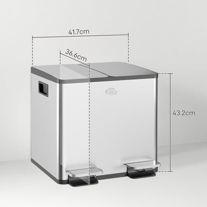 2x15L Dual Kitchen Bin Pedal Bin for Recycling and Waste, Silver Tone