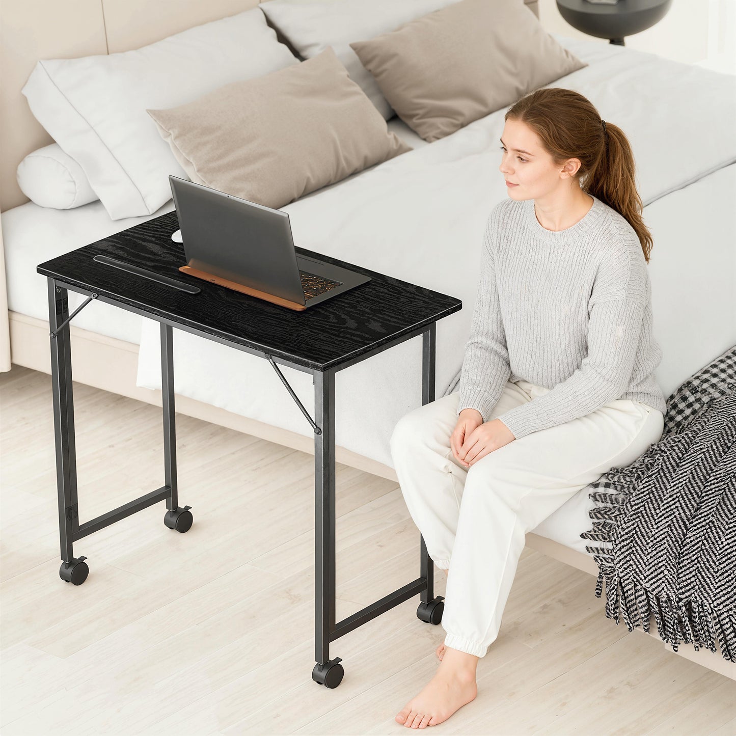 Small Writing Desk with Wheels, Folding Study Table, Black