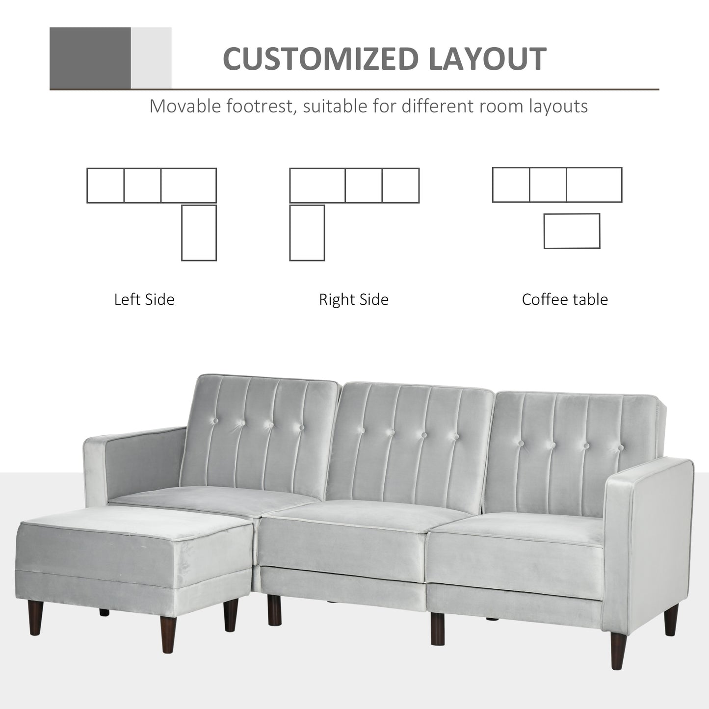 L Shape Sofa Bed Set with 3-Seater Sofa and Footstool, Corner Sofa Bed with Ottoman, Grey