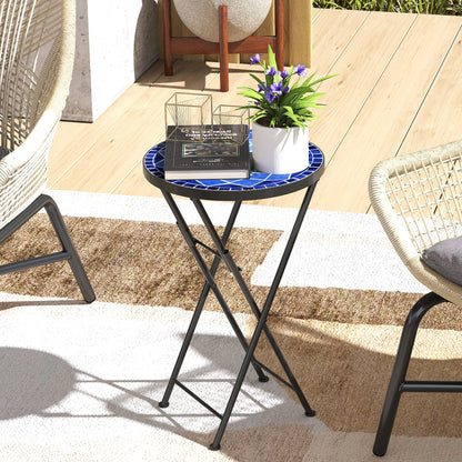 Mosaic Garden Table, 35.5cm Folding Coffee Table, Navy Blue
