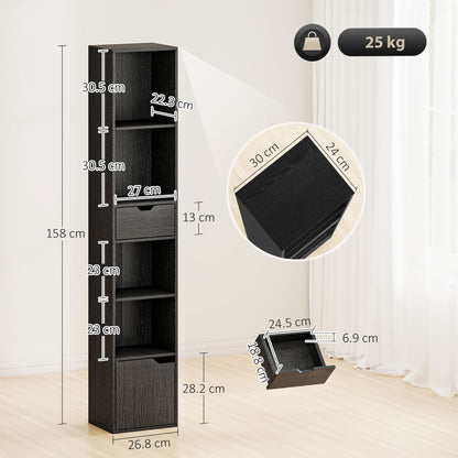 Narrow Bookshelf with Drawer, Tall Bookcase for Living Room, Black