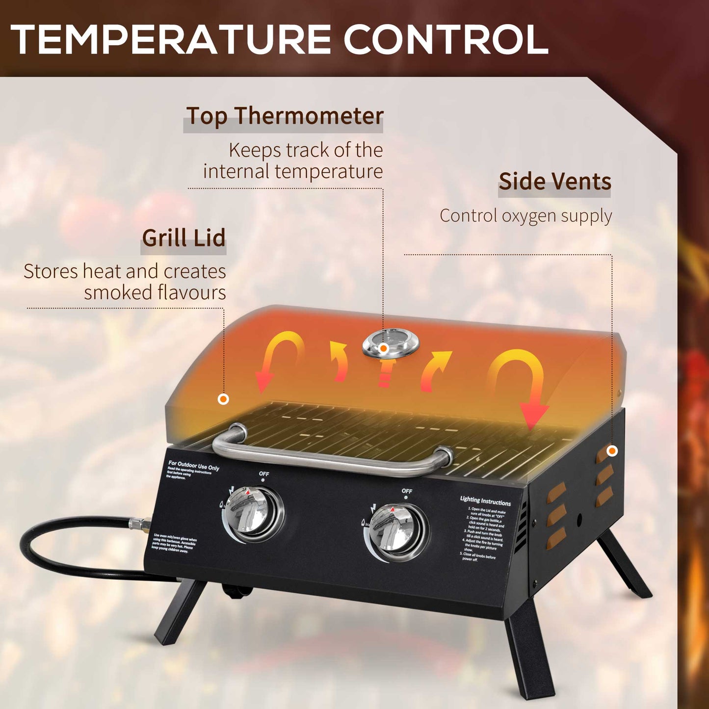 Portable Tabletop Gas BBQ Grill Barbecue w/ 2 Burner Lid Thermometer