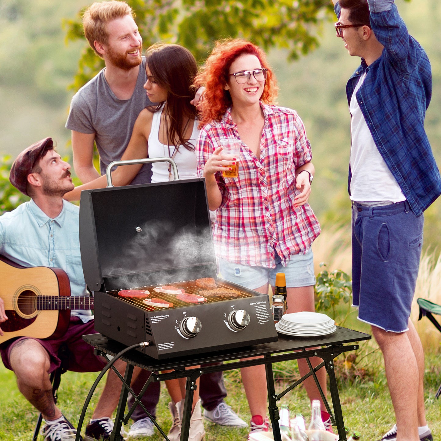 Portable Tabletop Gas BBQ Grill Barbecue w/ 2 Burner Lid Thermometer