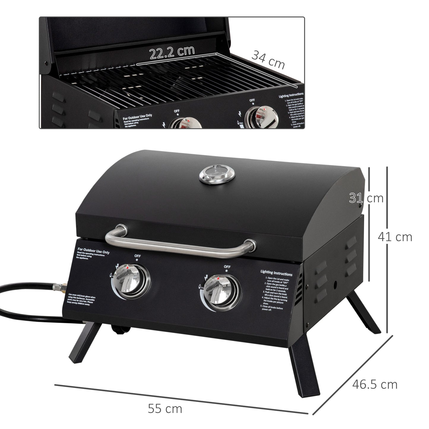 Portable Tabletop Gas BBQ Grill Barbecue w/ 2 Burner Lid Thermometer