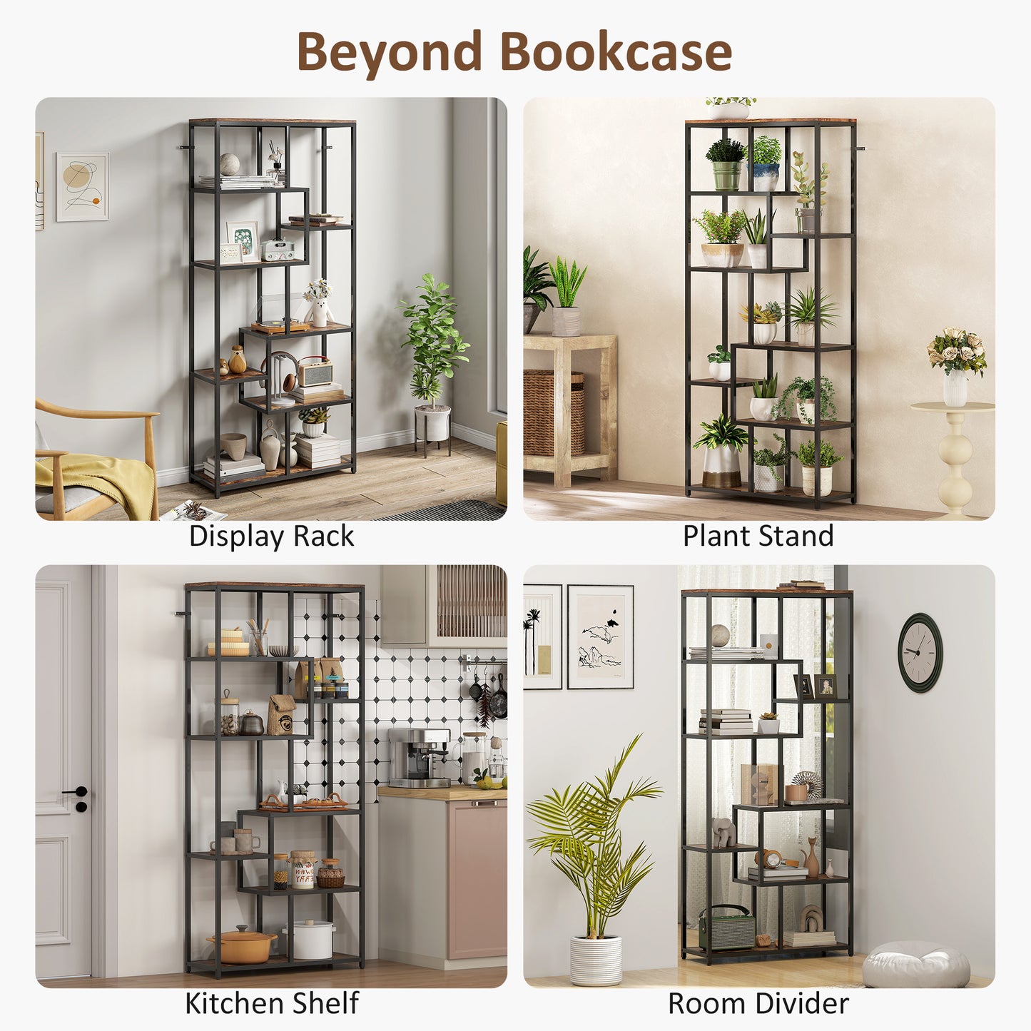 Industrial Bookcase 7-Tier Bookshelf Shelving Unit Rustic Brown Black