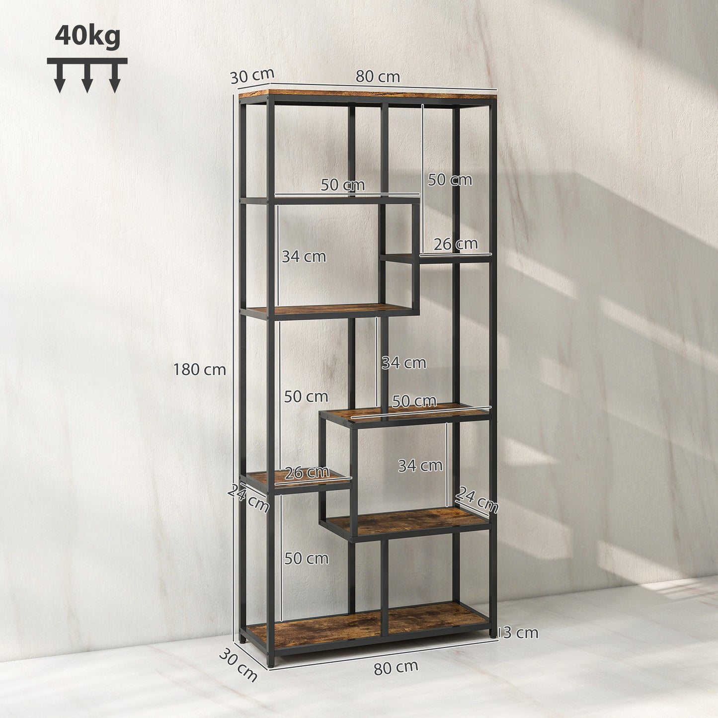 Industrial Bookcase 7-Tier Bookshelf Shelving Unit Rustic Brown Black