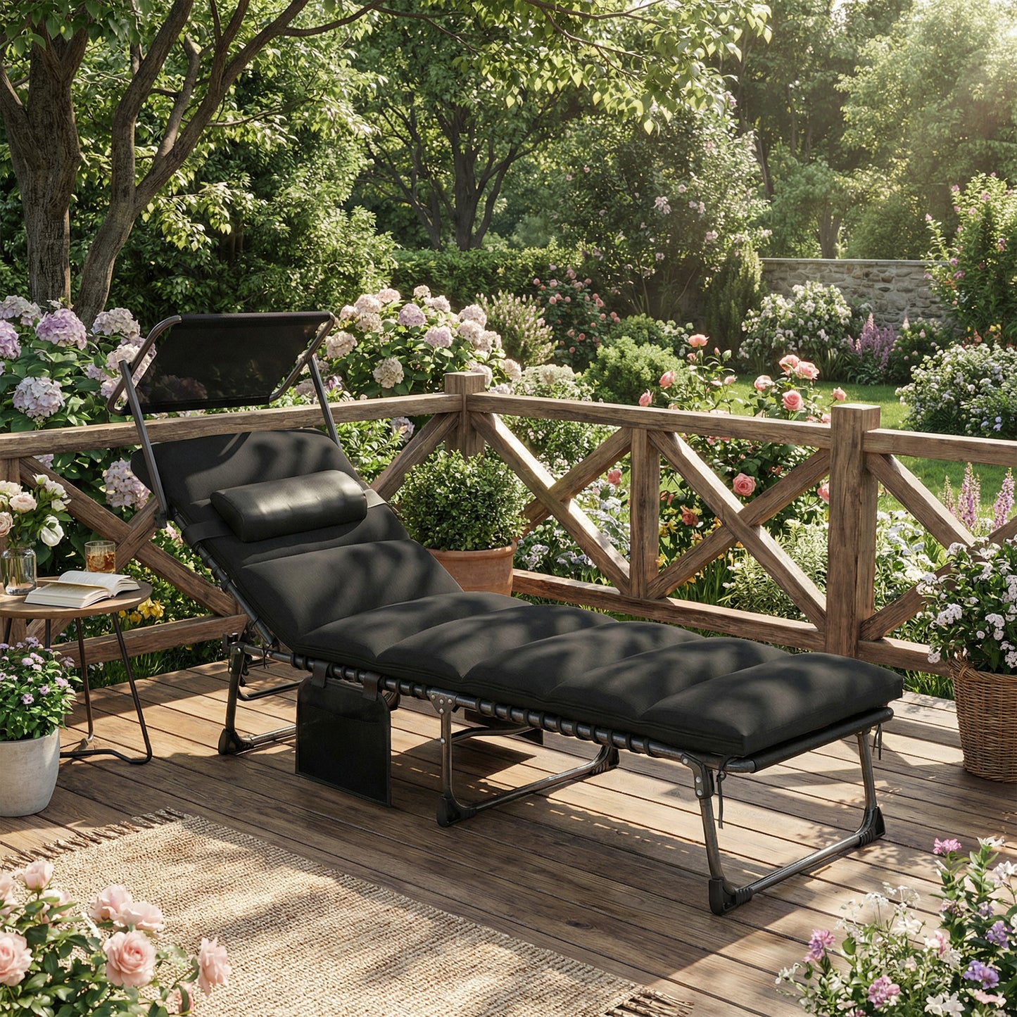 Folding Sun Lounger, Sunbed with Canopy, Black