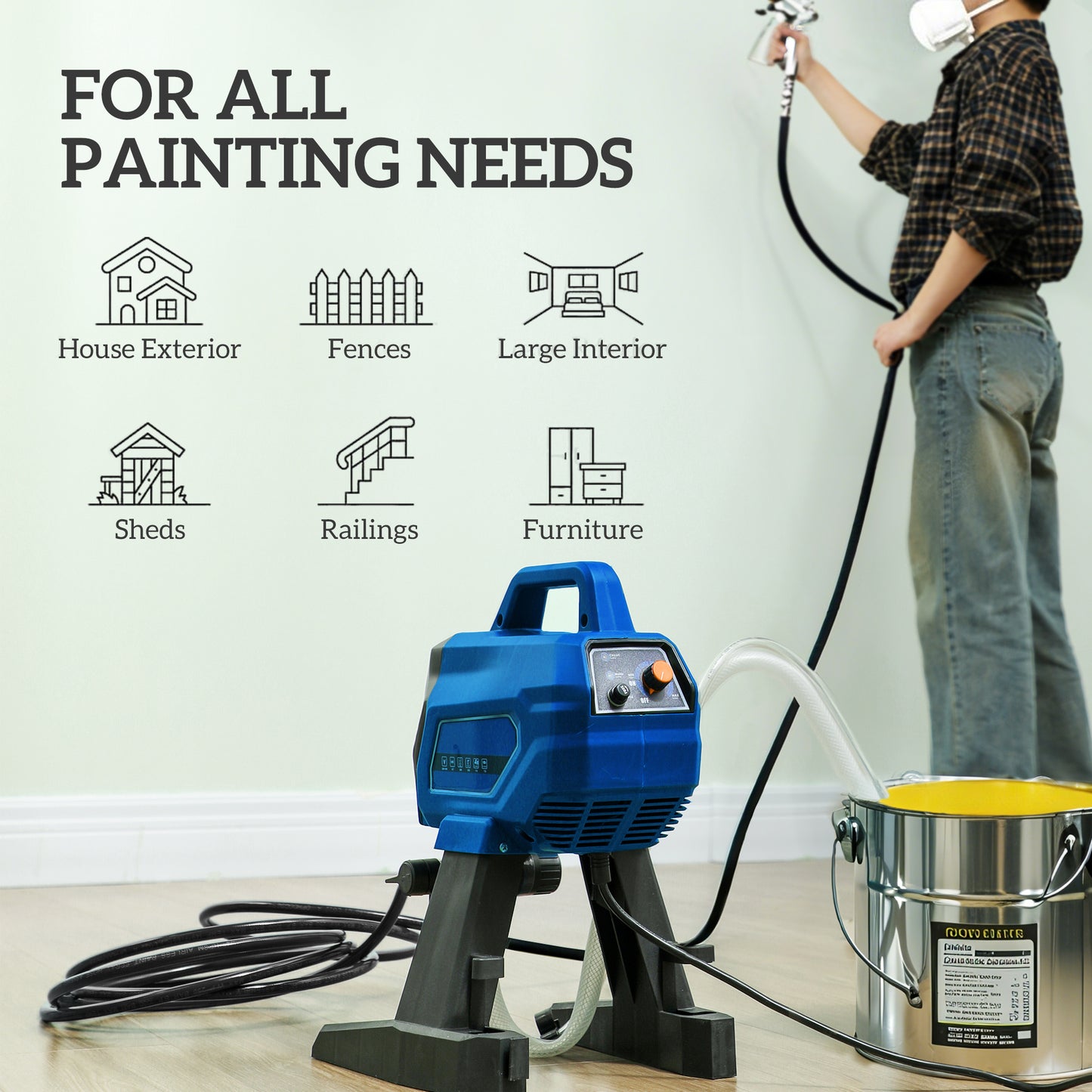 Airless Paint Sprayer, Thinning-Free Electric Paint Spray Gun for Walls, Fences & DIY Projects, 200 Bar High Pressure, 1.5L/min Flow Rate, 7.5m Hose, Indoor & Outdoor Use, Blue