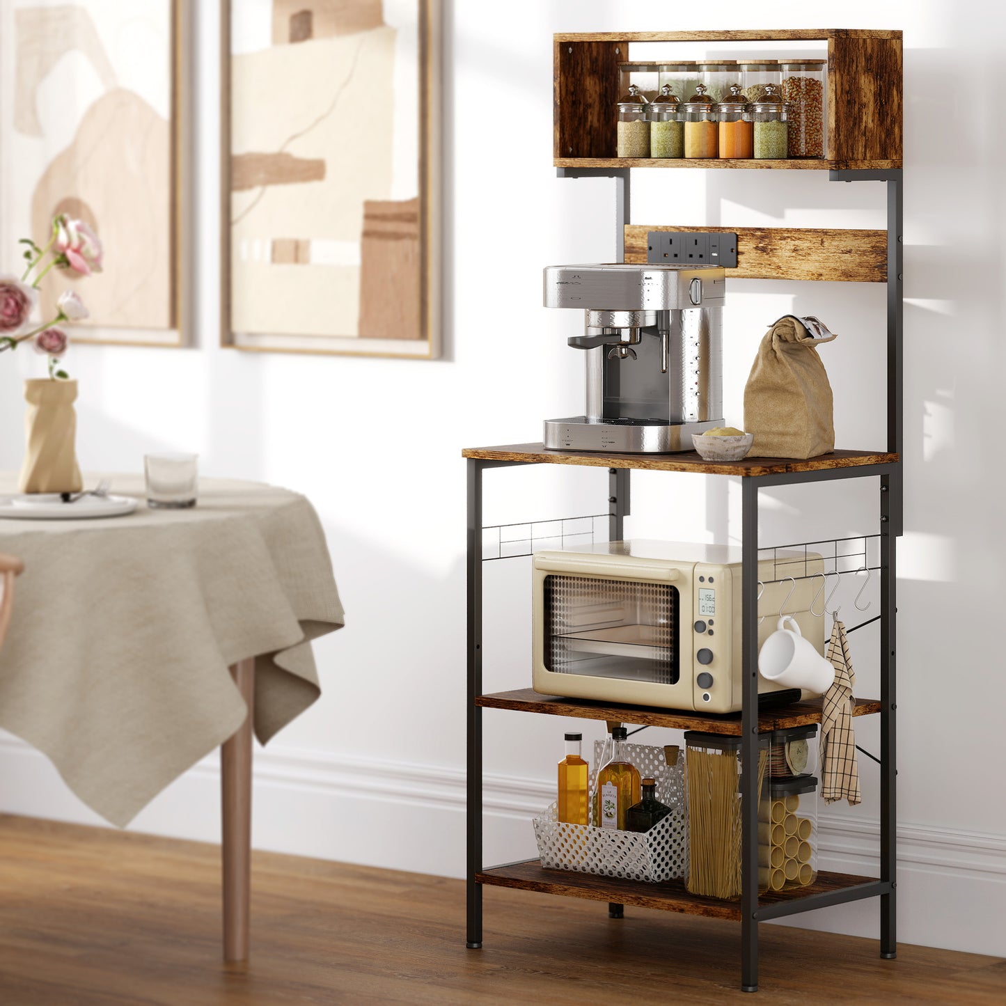 Bakers Rack with Power Outlet, 5 Hooks, Microwave Stand, Brown