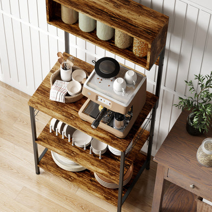 Bakers Rack with Power Outlet, 5 Hooks, Microwave Stand, Brown