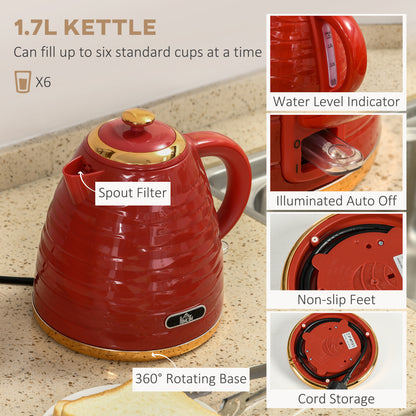 3000W 1.7L Rapid Boil Kettle & 4 Slice Toaster, Kettle and Toaster Set with 7 Browning Controls and Crumb Tray, Red
