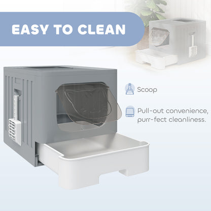 Foldable Cat Litter Box with Lid, Slide-Out Drawer, Grey
