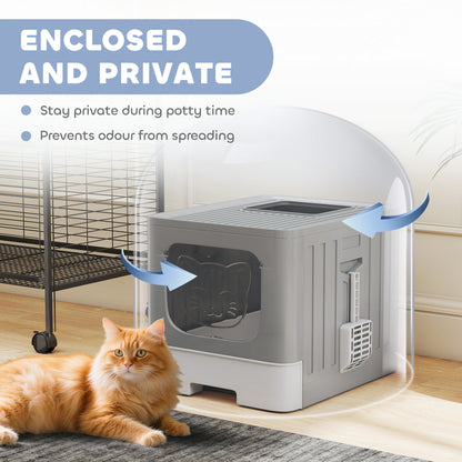 Foldable Cat Litter Box with Lid, Slide-Out Drawer, Grey