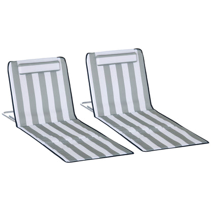 2 Pieces Outdoor Beach Mat Steel Reclining Chair Set w/ Pillow Grey