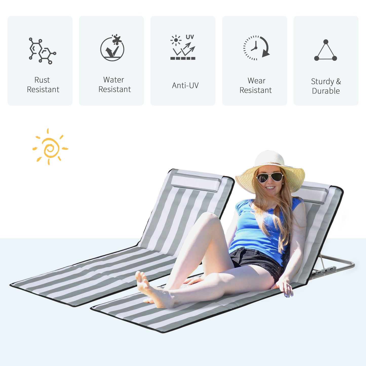 2 Pieces Outdoor Beach Mat Steel Reclining Chair Set w/ Pillow Grey