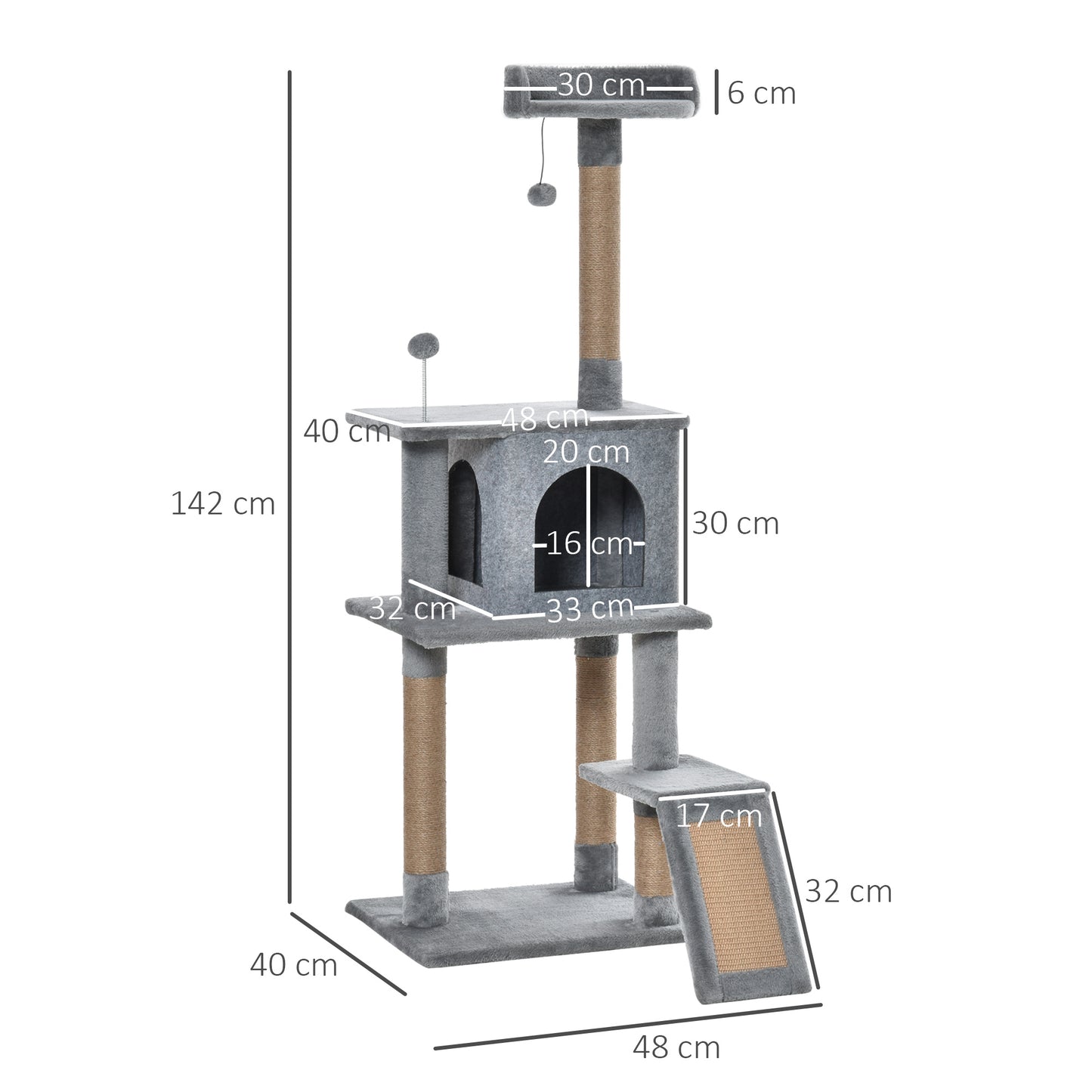 Cat Tree Tower for Indoor Cats 142cm Climbing Kitten Activity Center with Jute Scratching Post Board Perch Roomy Condo Removable Felt Hanging Toy, Grey