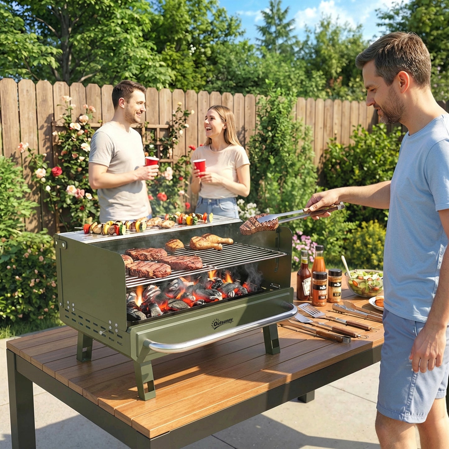 Portable Barbecue Grill with Adjustable Grates for Camping, Green
