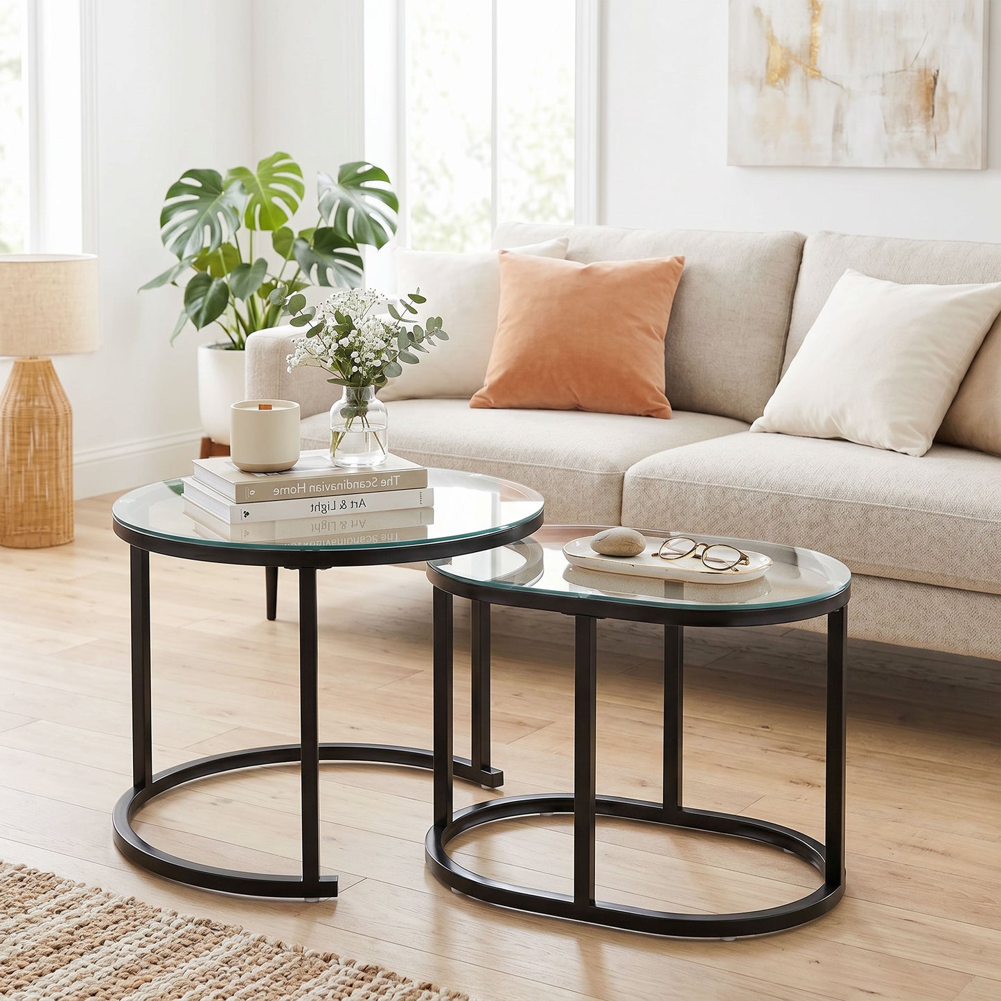 Modern Coffee Table Set of 2, Nest of Tables with Steel Frame and Tempered Glass Tabletop, Side Tables for Living Room Bedroom, Black and Clear
