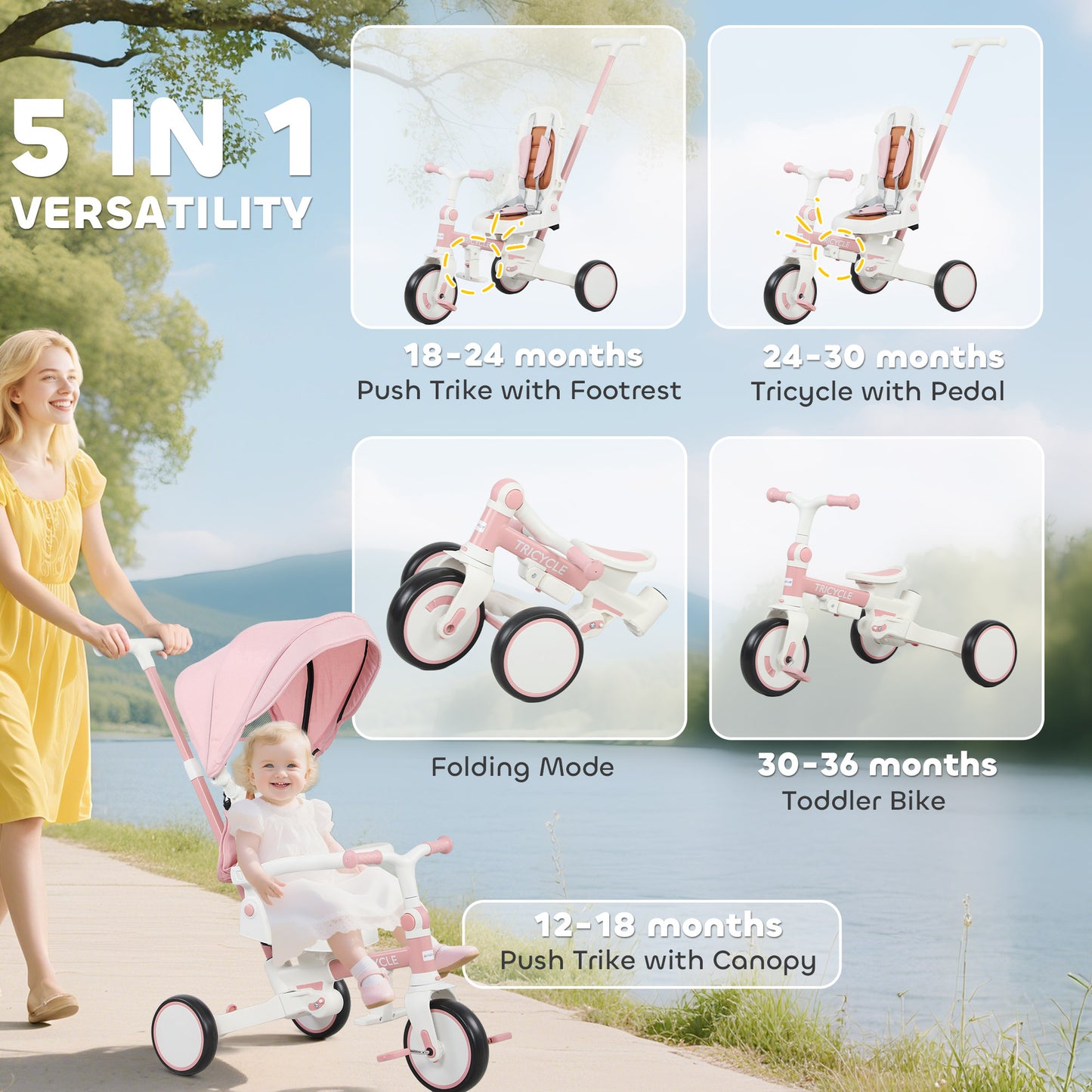 5 in 1 Foldable Kids Trike, Toddler Tricycle for 1-3 Years, Pink