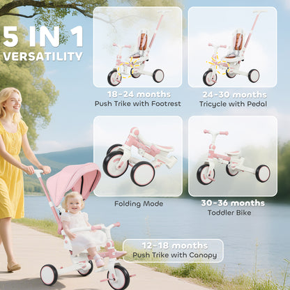 5 in 1 Foldable Kids Trike, Toddler Tricycle for 1-3 Years, Pink