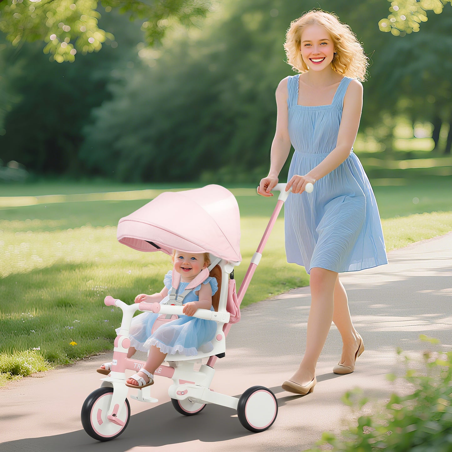 5 in 1 Foldable Kids Trike, Toddler Tricycle for 1-3 Years, Pink
