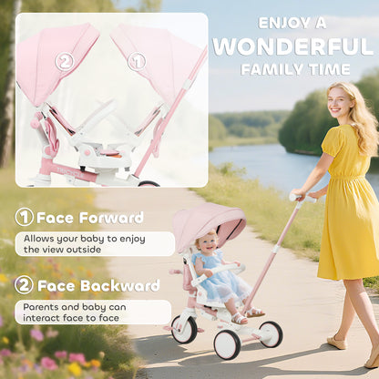 5 in 1 Foldable Kids Trike, Toddler Tricycle for 1-3 Years, Pink