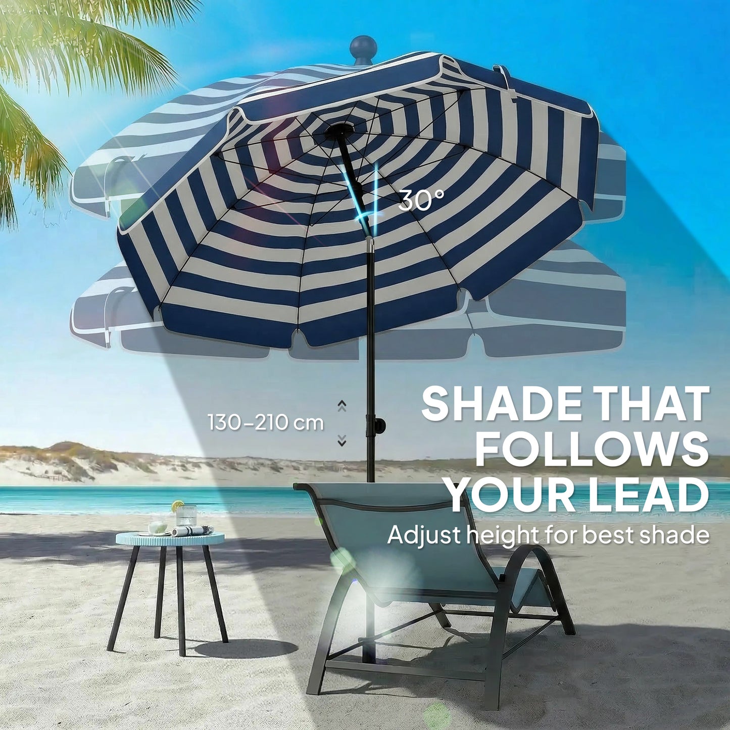 1.8 m Beach Umbrella Parasol with Sand Anchor, Tilt, Blue/White