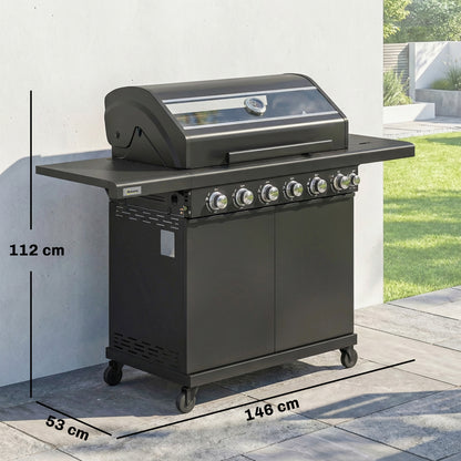 6+1 Burner Gas BBQ Grill, Barbecue Grill with Warming Rack, Black