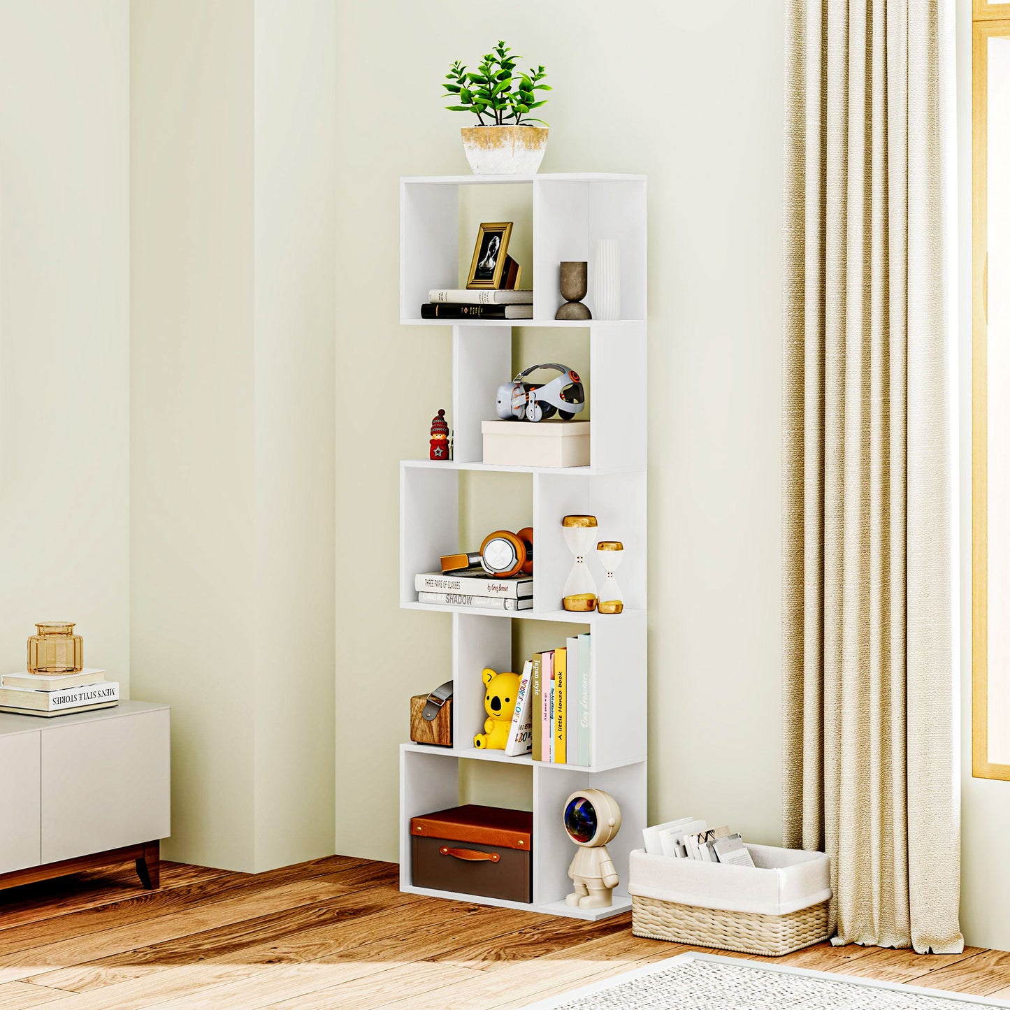 5-tier Display Shelving Storage Bookcase S Shape Bookshelf, White