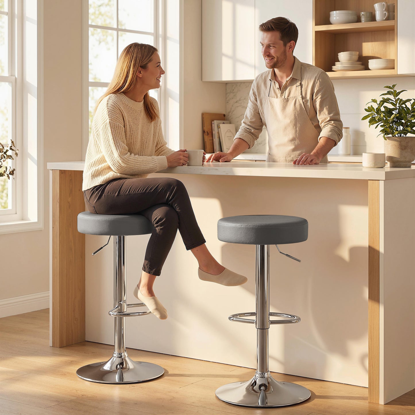 Bar Stools Set of 2, Height Adjustable Breakfast Bar Chairs, Grey