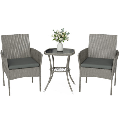 3 Piece Rattan Bistro Set with 2 Tier Glass-Top Table, Chairs