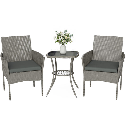 3 Piece Rattan Bistro Set with 2 Tier Glass-Top Table, Chairs