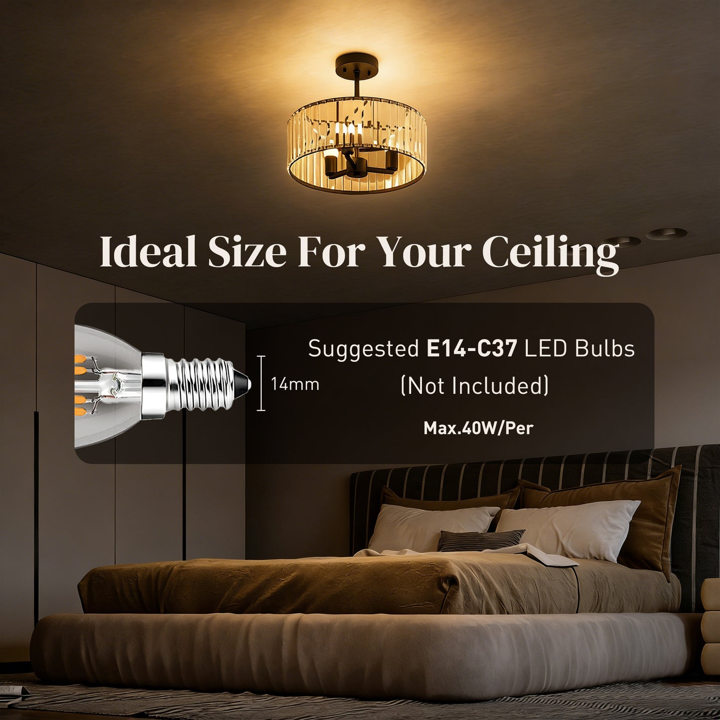 Semi Flush Mount Modern Crystal Chandelier Ceiling Light, Black