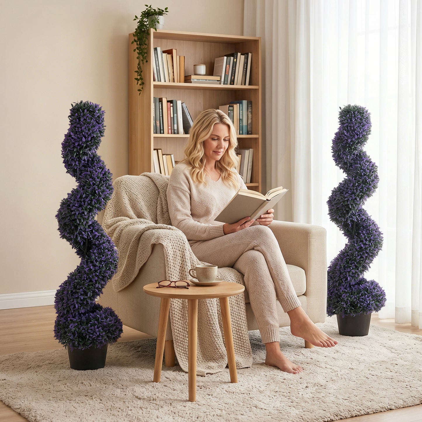 Set of 2 Artificial Boxwood Topiary Tree, Spiral Topiary Tree with 840 Leaves, Fake Plants in Pot for Indoor Outdoor Decor, 120cm, Purple