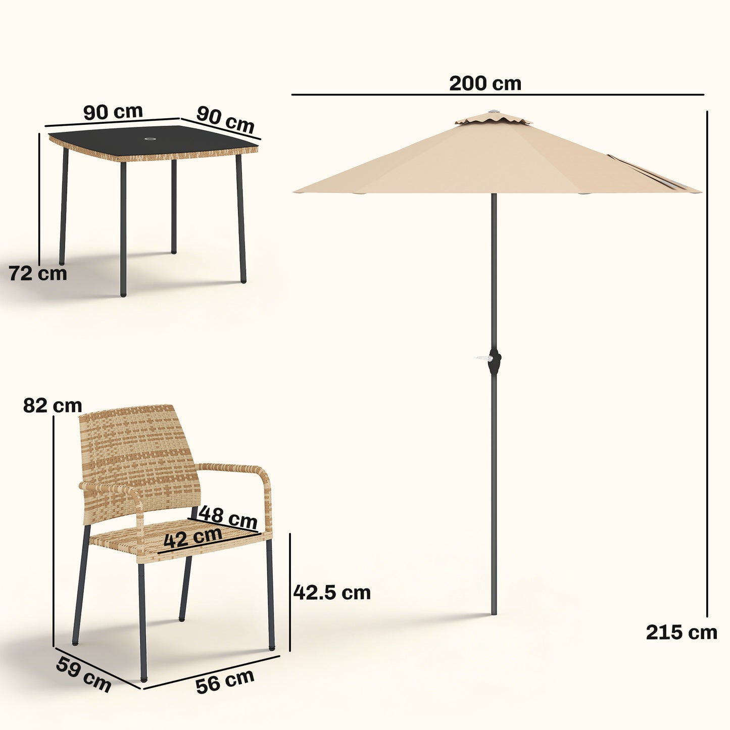 4 Seater Rattan Dining Set with Parasol, Light Brown