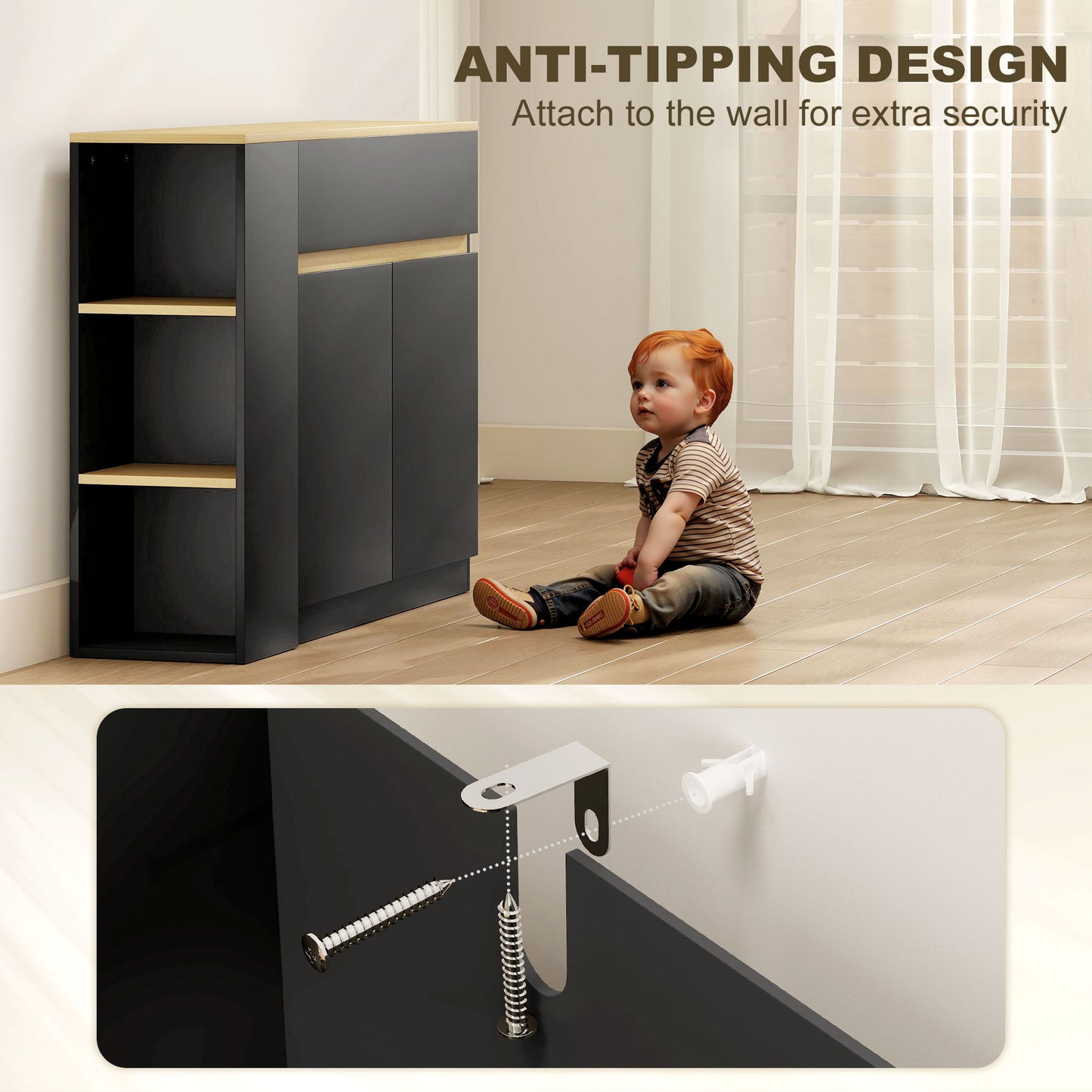 Sideboard, Storage Cabinet with 2 Drawers, 3 Open Shelves, Black