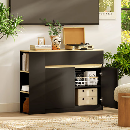 Sideboard, Storage Cabinet with 2 Drawers, 3 Open Shelves, Black