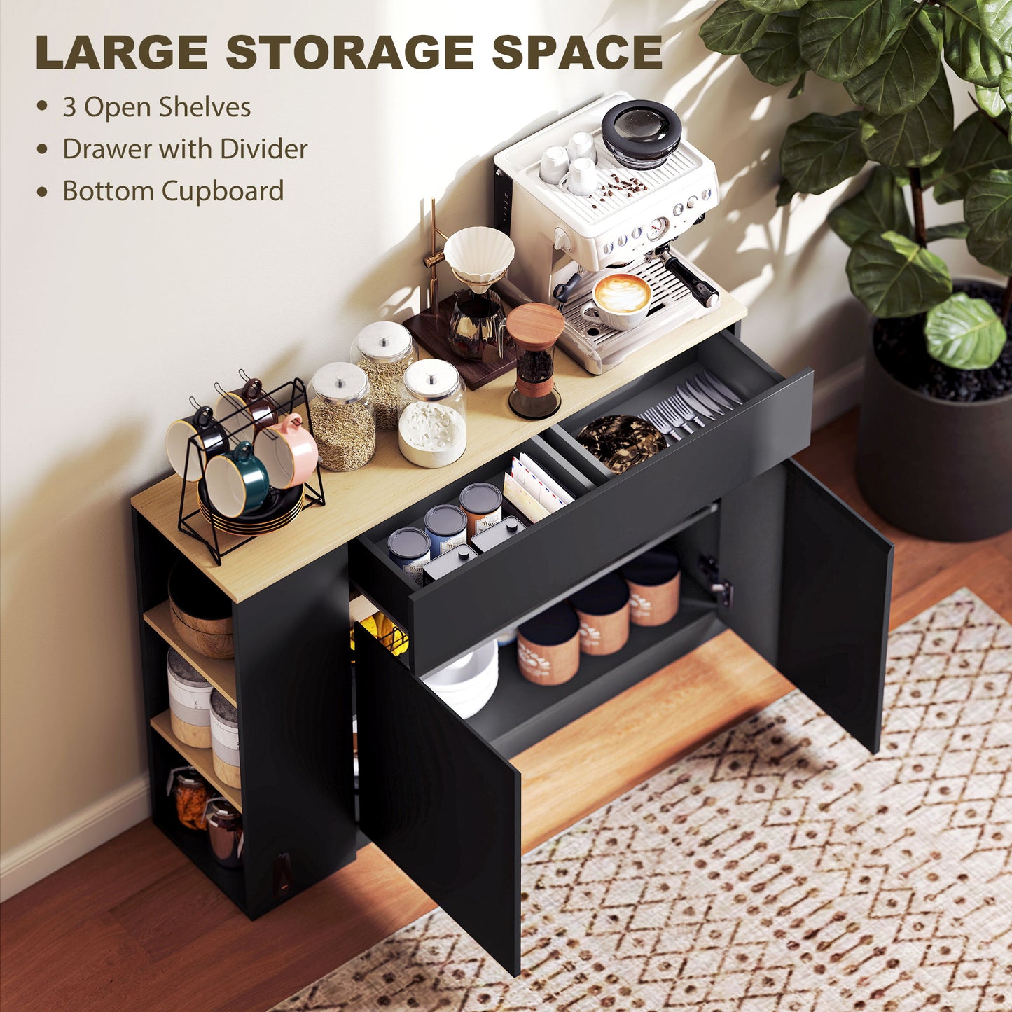 Sideboard, Storage Cabinet with 2 Drawers, 3 Open Shelves, Black