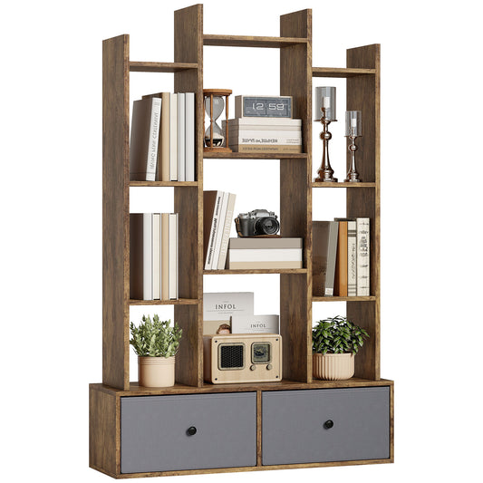 12-Tier Bookshelf, Bookcase w/ 2 Folding Drawer, Rustic Brown