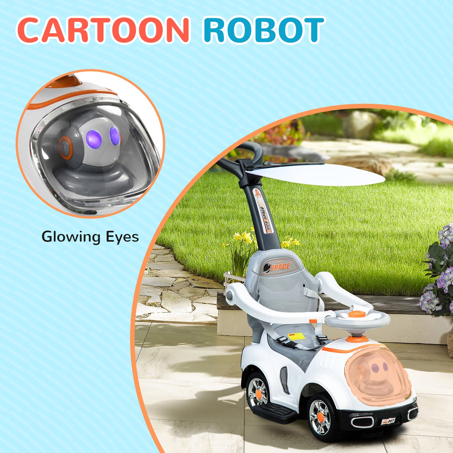 3 in 1 Ride on Push Car, Cartoon Robot Foot to Floor Slider - White
