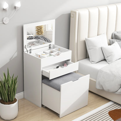Dressing Table with Mirror and Stool, Vanity Table with Storage, White