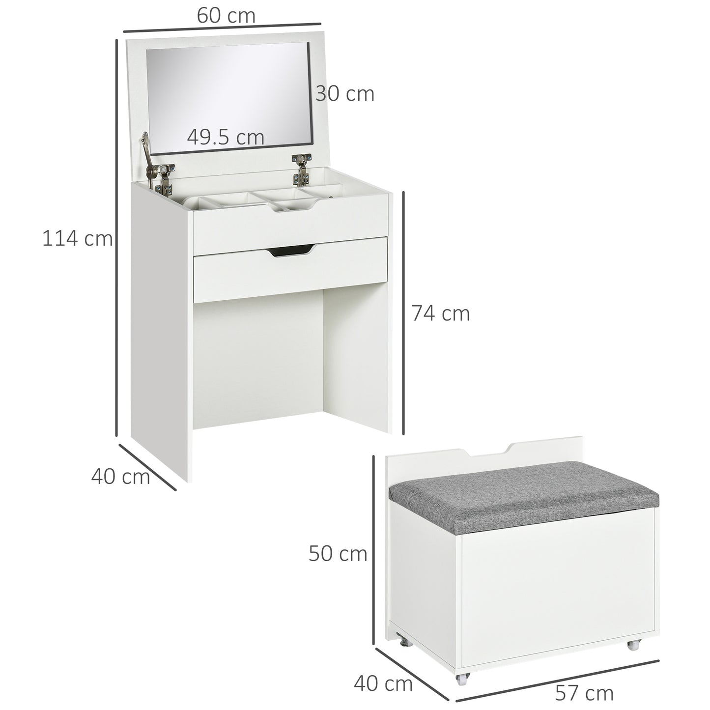 Dressing Table with Mirror and Stool, Vanity Table with Storage, White