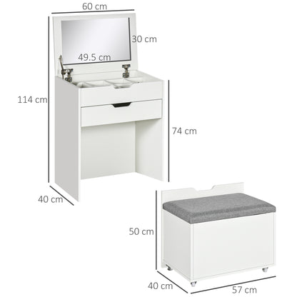 Dressing Table with Mirror and Stool, Vanity Table with Storage, White