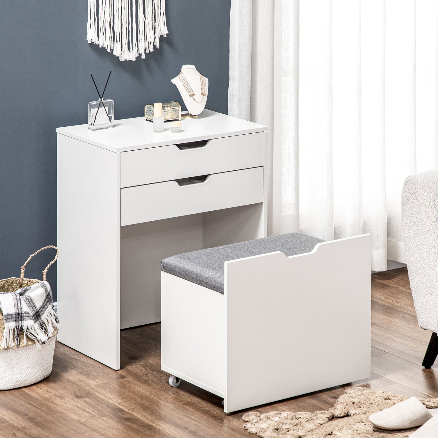 Dressing Table with Mirror and Stool, Vanity Table with Storage, White