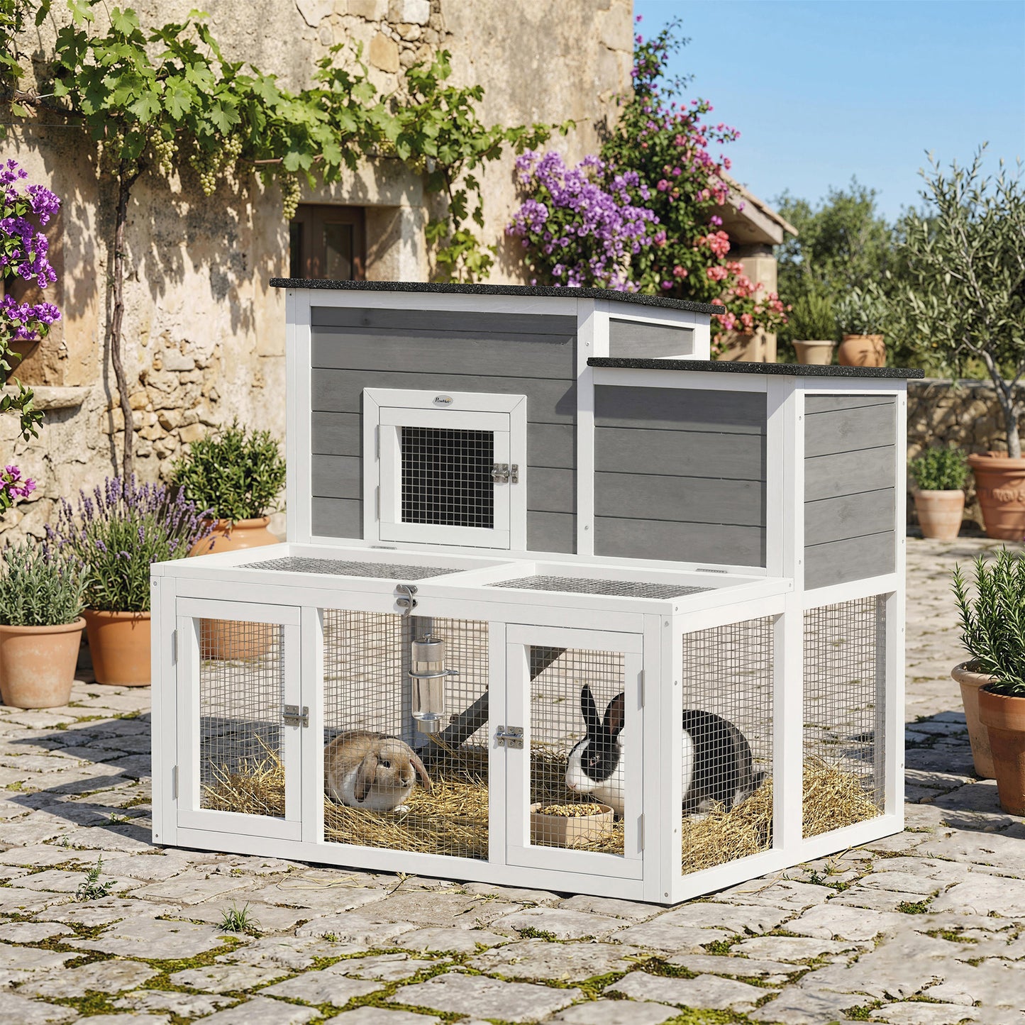 Wooden Rabbit Hutch, Outdoor Bunny Cage with Waterproof Roof