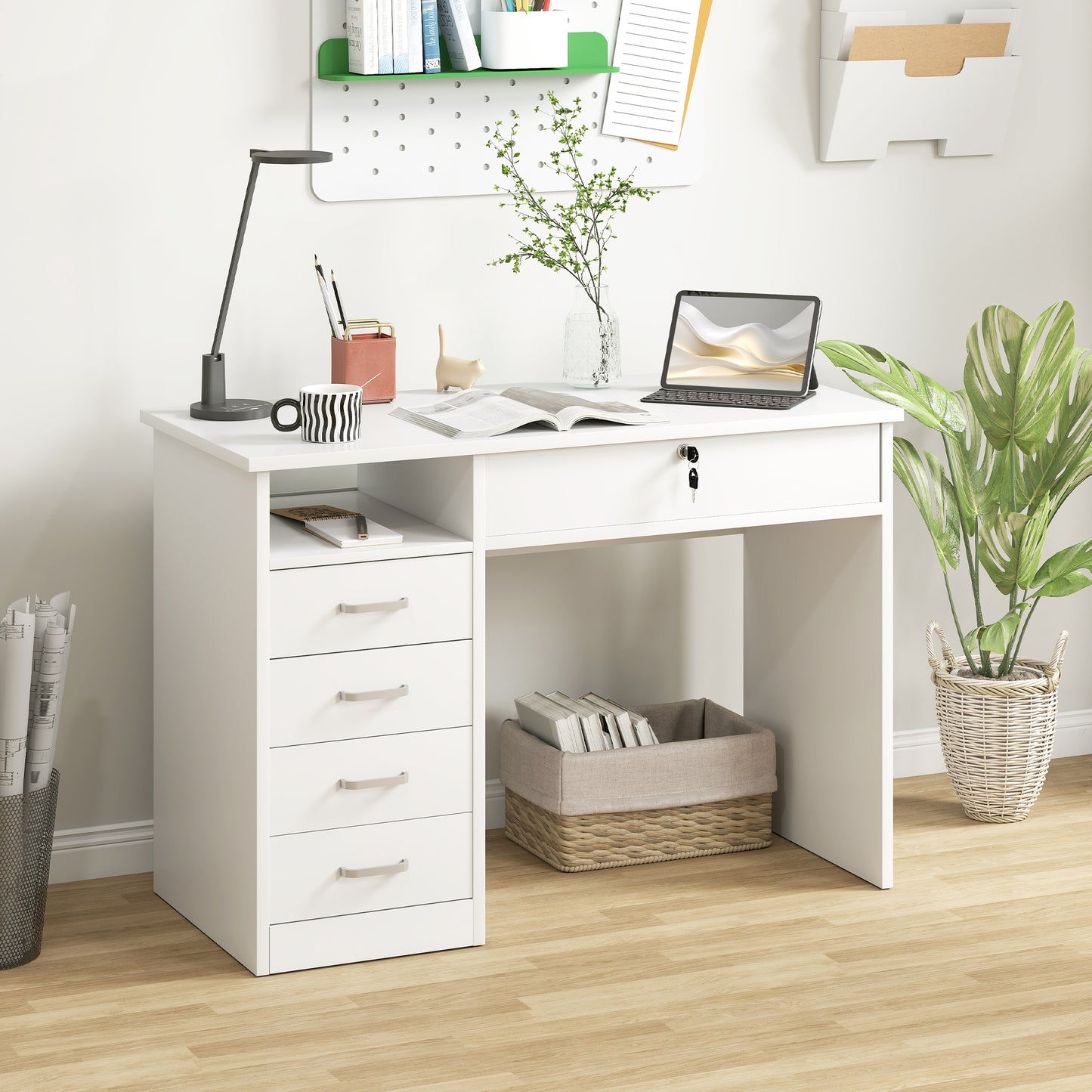 Computer Desk Writing Desk with Five Drawers for Home Office White