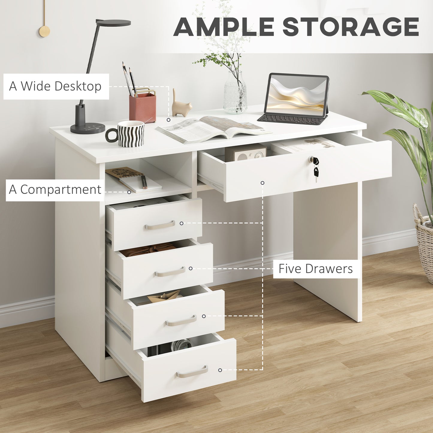 Computer Desk Writing Desk with Five Drawers for Home Office White