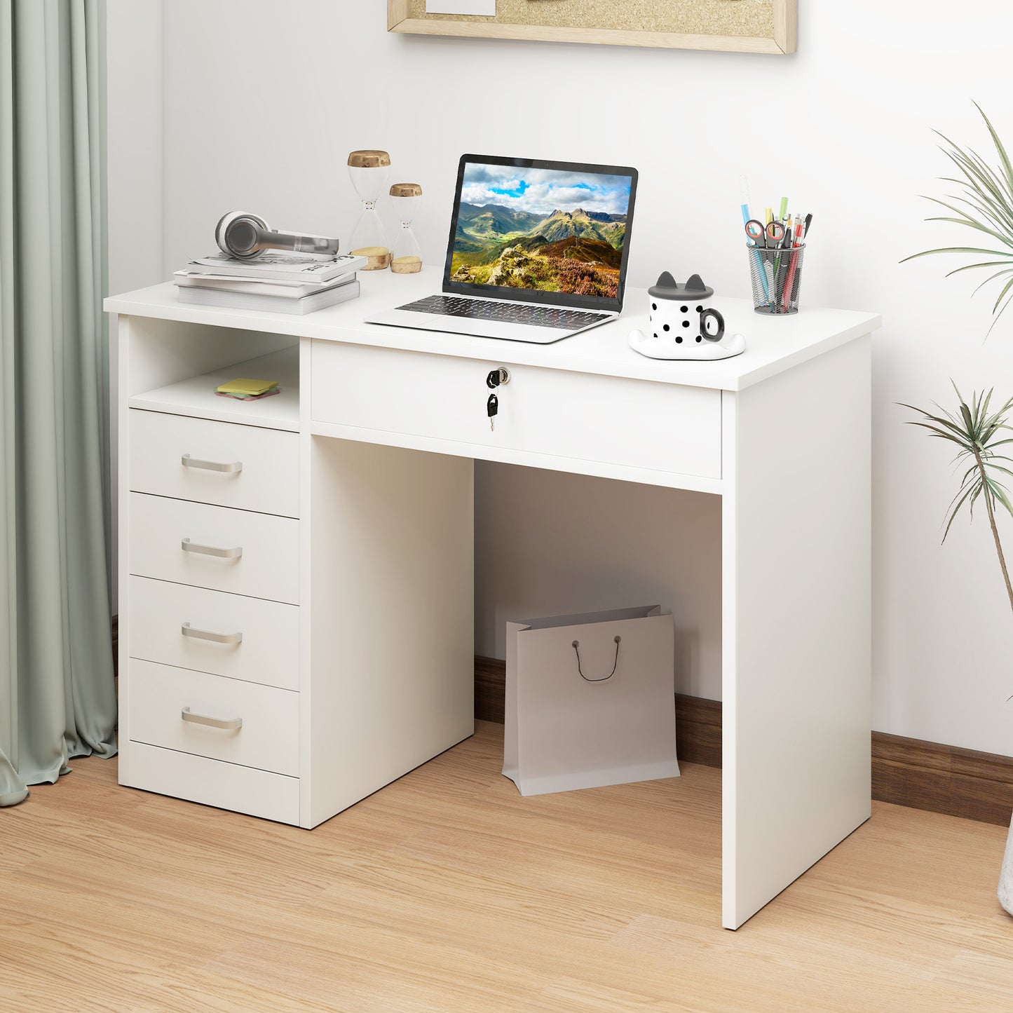 Computer Desk Writing Desk with Five Drawers for Home Office White