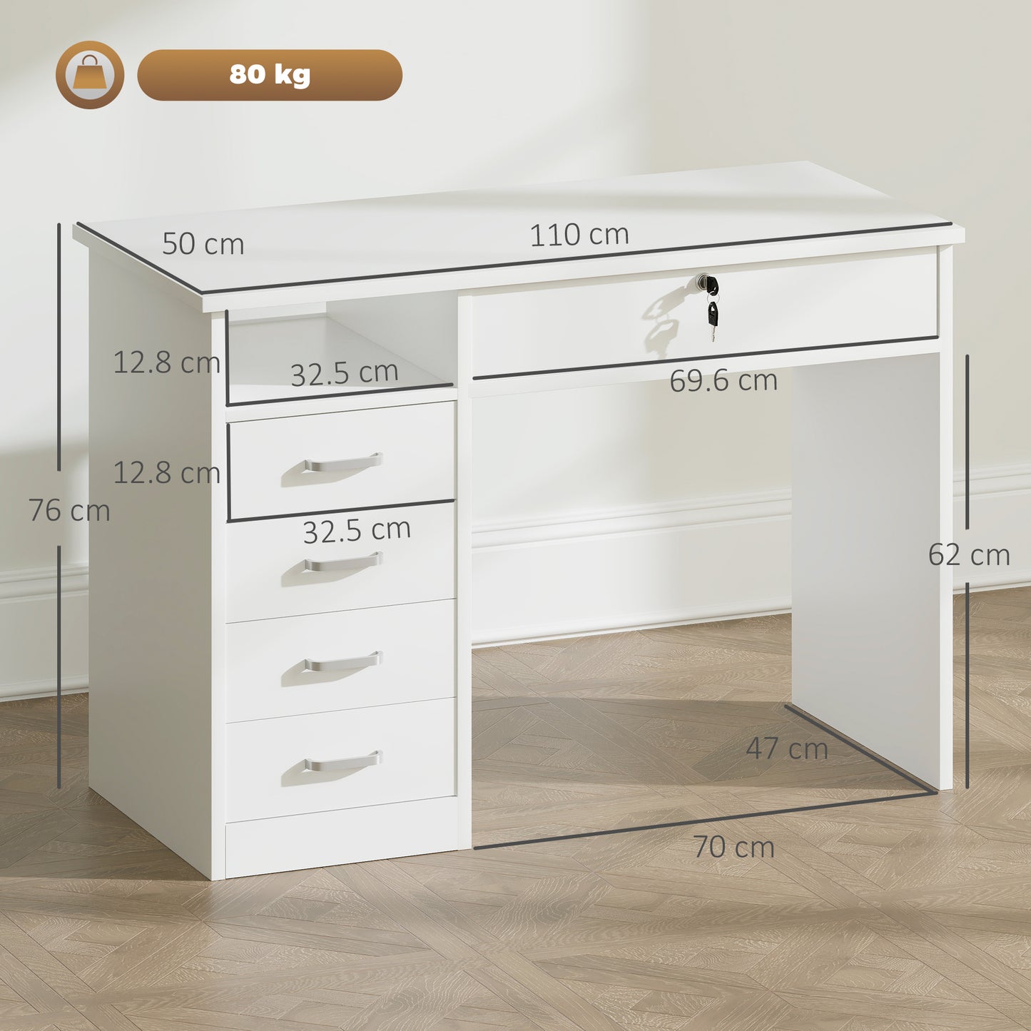 Computer Desk Writing Desk with Five Drawers for Home Office White